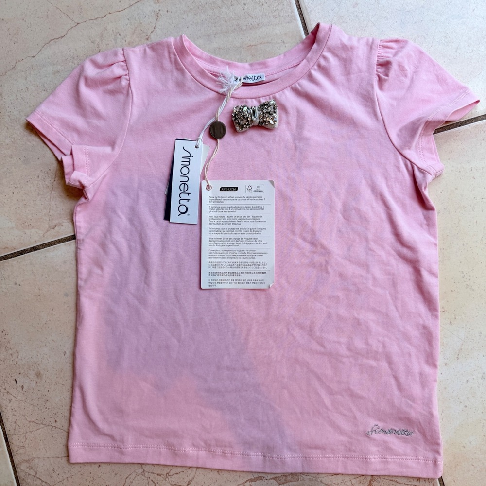 Simonetta Girls Size 8 Pink Crystal Bow T-Shirt Puff Sleeve Made in Portugal NWT